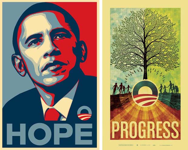 Barack Obama Hope Progress Campaign Posters by Shepard Fairey and Scott Hansen