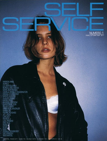 Self Service Magazine Cover White Bra with Black Leather Jacket