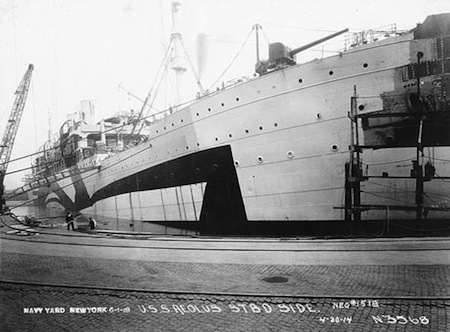 U.S.S. Aeolus being painted with Dazzle Camouflage in New York Navy Yard